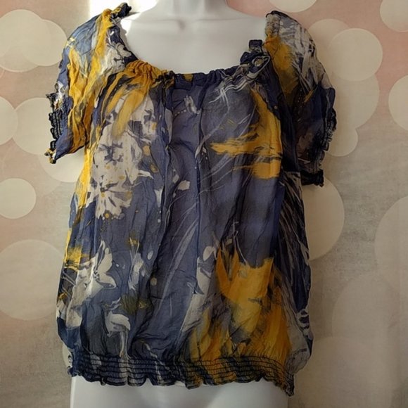 CALVIN KLEIN blue yellow chiffon underlay top blouse S - Picture 5 of 6